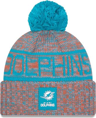 New Era Mens Orange Miami Dolphins 2025 Sideline Cold Weather Cuffed Knit Hat with Pom