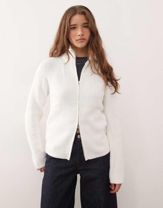 Monki Cardigan con zip &eacute;cru-Bianco