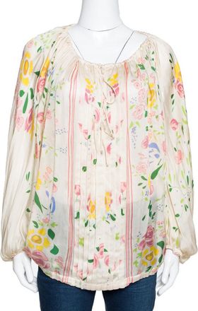 Roberto Cavalli Cream Floral Print Silk Sheer Kaftan Top