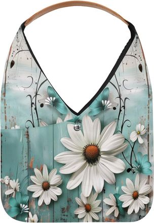 Generic Daisy Flowers Butterfly on Wooden Reusable Lightweight Grocery Bags - Foldable Into Compact Pouch, Washable & Sturdy, Multipurpose for Shopping and Tr