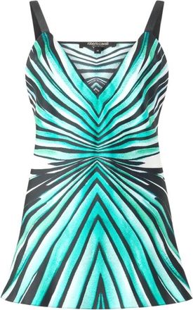 Roberto Cavalli Zee Print Zijden Top - Dames - Tops zonder mouwen - Blauw - M - Tops