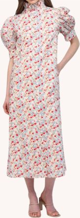 Fate Lara Ruffle Midi Dress In Red And Blue Floral Print