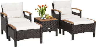 Costway Costway Juego De Sof&aacute; De Rat&aacute;n De 5 Piezas Para Patio, Conjunto Mueble Jard&iacute;n Rat&aacute;n, 2 Sillas, 1 Mesa, 2 Reposapies, Cojines De Asiento Y Respaldo