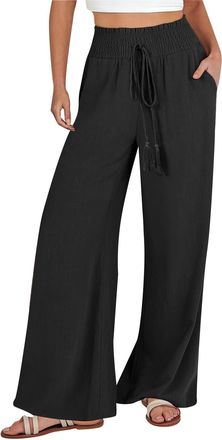Generic Womens Summer Comfy Cotton Linen Trousers Wide Leg Casual Pants Solid Color Summer Pants Ladies Loose Fit Casual Linen Wide Leg Pant with Pockets Fall