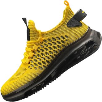 Generic Mens Athletic Knit Sneakers Lightweight Breathable Design with Thick Sole for Outdoor Casual Walking and Running Comfort Shoes (Yellow, 7.5)