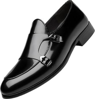 Generic Mens Double Monk Strap Dress Shoes Pointed Toe Shiny Leather Business Casual Loafers British Style Comfortable Design for Office and Formal Events(Bla