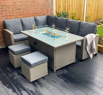 Outdoor Living The Conwy 8 Seat Corner Gas Firepit Rattan Dining Set in Grey