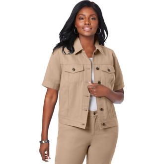 Jessica London Short Sleeve Denim Jacket in New Khaki at Nordstrom, Size 16