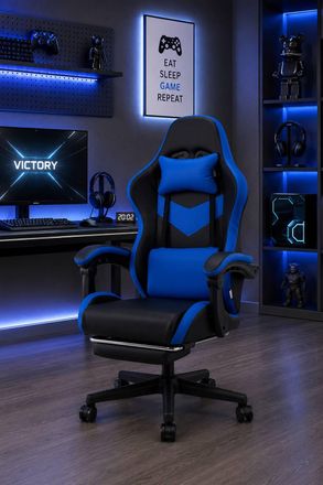 Living and Home High Back Gaming Chair with Massage Lumbar Support & Footrest in Blue