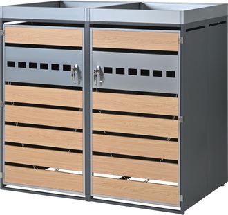 STILVORA Armario Para Cubos De Basura Con Jardinera Integrada, 2 Compartimentos Con Cerradura Y Puertas Ventiladas Gris Madera