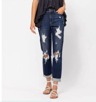 Judy Blue Womens Krystal Destroyed Cuffed Boyfriend Jeans In Dark Wash