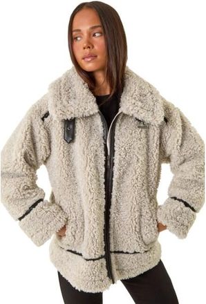 Roman Womens Petite Borg Contrast Aviator Coat - Stone - Size 16 UK