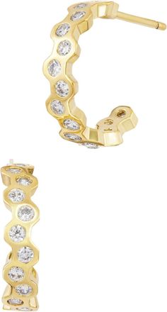Savvy Cie Jewels GOLD PLATED WHITE CZ HONEYCOMB HOOPS EARRINGS