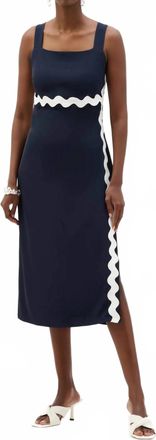 Joseph Ribkoff Contrast Trim Square Neck Midi Dress In Midnight Blue/white