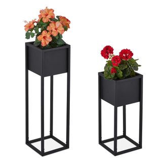 Relaxdays Relaxdays - Juego De 2 Jardineras, Metal, 2 Tama&ntilde;os, Con Soporte, Sal&oacute;n Y Pasillo, Bancal Cuadrado Para Plantas, Negro
