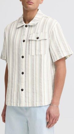 Solid Umber Stripe Short Sleeve Linen Blend Button-Up Shirt in Skyway at Nordstrom, Size X-Large