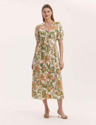 Finery Addison Floral Linen Blend Midi Dress in Olive Flower at Nordstrom, Size 10