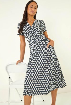 Roman Geometric Tie Waist Wrap Dress
