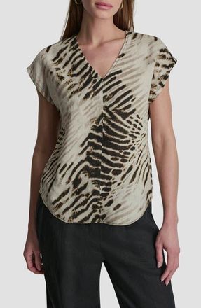DKNY Print Colorblock Linen V-Neck Top in Brushed Sandbed at Nordstrom, Size X-Small