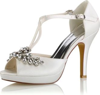 Emily Bridalwear Wedding Shoes Ivory Wedding Shoes Peep Toe Rhinestones Criss Cross Bridal Shoes High Heel Sandals (EU39/UK6, Ivory)