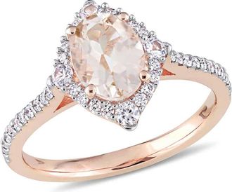 Amour Morganite, White Sapphire and 1/4 CT TW Diamond Vintage-inspired Halo Engagement Ring In 10K Rose Gold