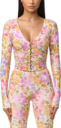 Naked Wardrobe Print Front Button Stretch Top in Blush Bloom at Nordstrom, Size Small