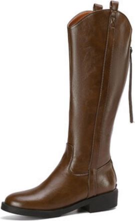 Generic Womens Round Toe Knee High Boots PU Leather Long Boots with Side Zipper Flat Heel Riding Boot,Brown,5.5 UK