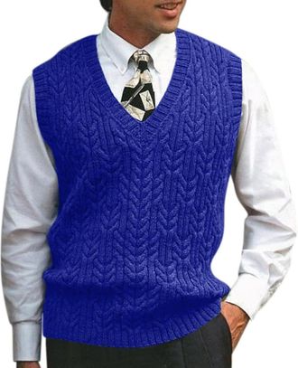 Generic Mens Sleeveless Knitted Jumper Casual Vest Gentleman Tank Tops V-Neck Sleeveless Cardigan Waistcoat Twisted Knitted Pullover Regular Fit Winter Dark B