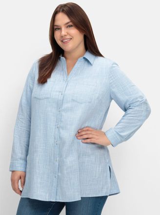 Sheego Hemdbluse SHEEGO, Damen, Gr. 40, blau, 66% Baumwolle, 34% Viskose, unifarben, Blusen Hemdbluse