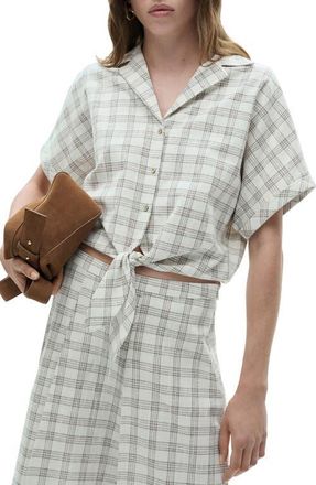 Mango Check Tie Hem Crop Button-Up Shirt in Ecru at Nordstrom, Size 10