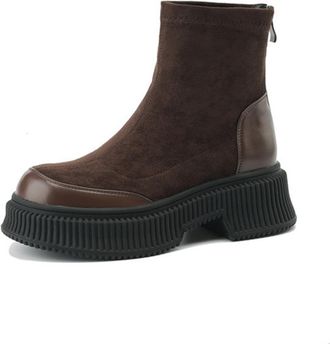 Generic Womens Sock Ankle Boots Black Brown Suede PU Round Toe Side Zip Ribbed Platform Sole Comfortable Non Slip Wear Resistant Daily Casual Street Style Fas