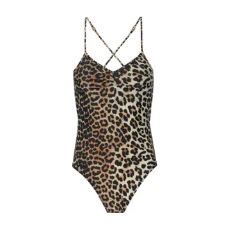 Ganni One-piece, female, Brown, Size: XS Leopard-print V-neck Swimsuit