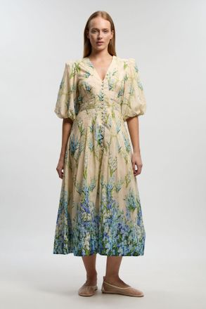 Karen Millen Womens Silk Cotton Trailing Floral Puff Sleeve Midi Dress - Blue - Size 14 UK