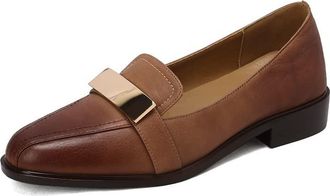 TinaCus Round Toe Genuine Leather Handmade Low Chunky Heels Womens Casual Loafers Shoes, Brown, 1.5 UK