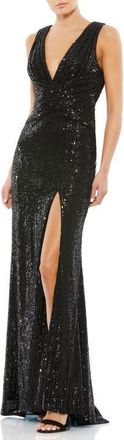 Mac Duggal V-Neck Sequin Wrap Waist Gown in Black at Nordstrom, Size 14