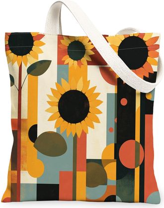 Generic Spring Aesthetic Sunflower Canvas Tote Bag for Shopping 13x15, Funky Retro Floral Reusable Grocery Print Pattern Bag for Women, Abstract Flower Beach 