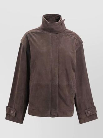 Rotate leather jacket high collar buttoned cuffs pockets