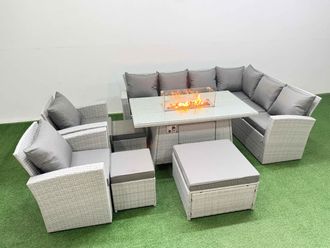 Fimous Outdoor Furniture Garden Dining Set Gas Firepit Table with 3 Footstool in Light Grey