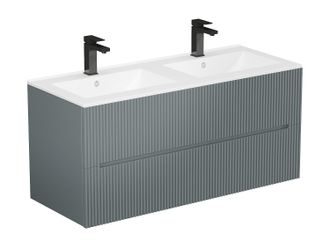 Vente-Unique Mueble de ba&ntilde;o suspendido estriado con lavabo encastrado y grifo - Gris - 120 cm - PAVANI