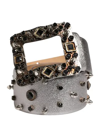 Dolce & Gabbana Womens Silver Leather Crystal Metal Buckle Belt Calf