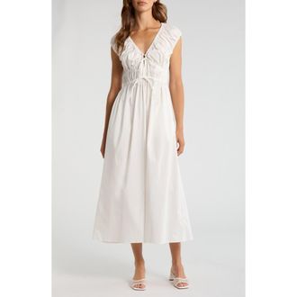 Wayf Liv Ruched Stretch Cotton Poplin Midi Dress in Ivory at Nordstrom, Size X-Small
