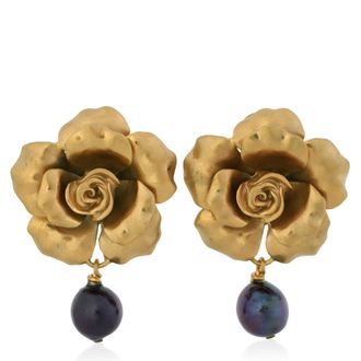 Roberto Cavalli Gold-Tone Rose Earrings with Black Pearls