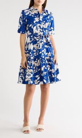 Calvin Klein Floral Short Sleeve Cotton Shirtdress in Ultramarine Multi at Nordstrom Rack, Size 10