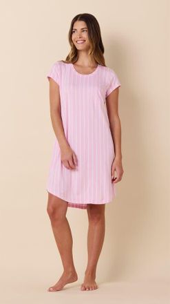 The Cats Pajamas Pima Knit Short Sleeved Sleep Shirt in Heritage Stripe Pink at Nordstrom, Size X-Small