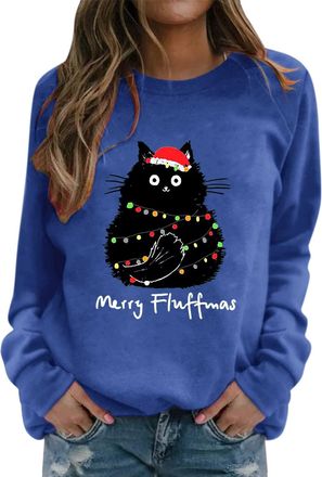 Generic Christmas Jumpers for Women UK, Merry Christmas Oversized Sweatshirt Womens Xmas Cat Print Crew Neck Pullover Tops Casual Long Sleeve Tops Shirts Loos