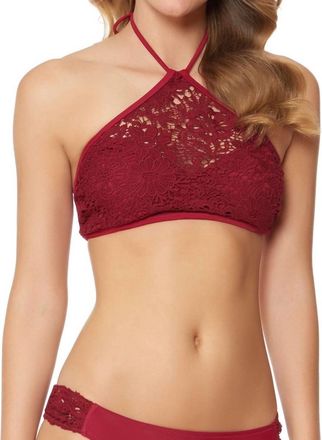 Jessica Simpson Flower Power Crochet High Neck Halter Bikini Top In Spice