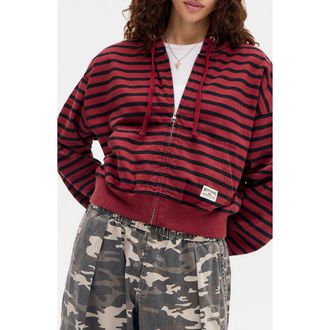 BDG Easy Stripe Crop Zip Hoodie in Red at Nordstrom, Size X-Small