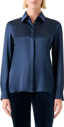 Akris Stretch Silk Satin Button-Up Shirt in Denim Blue at Nordstrom, Size 12