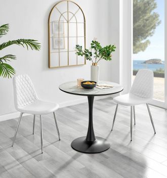 Furniturebox Elina White Marble Effect Scratch Resistant Dining Table & 2 Corona Silver Chairs