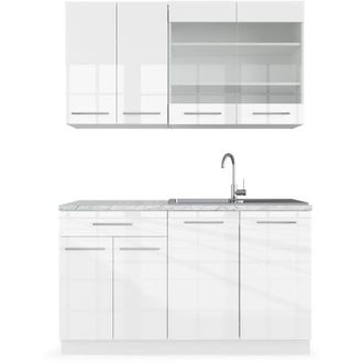 Vicco Cucina completa Fame-Line, Bianco lucido/bianco, 140 cm, pl Marmo